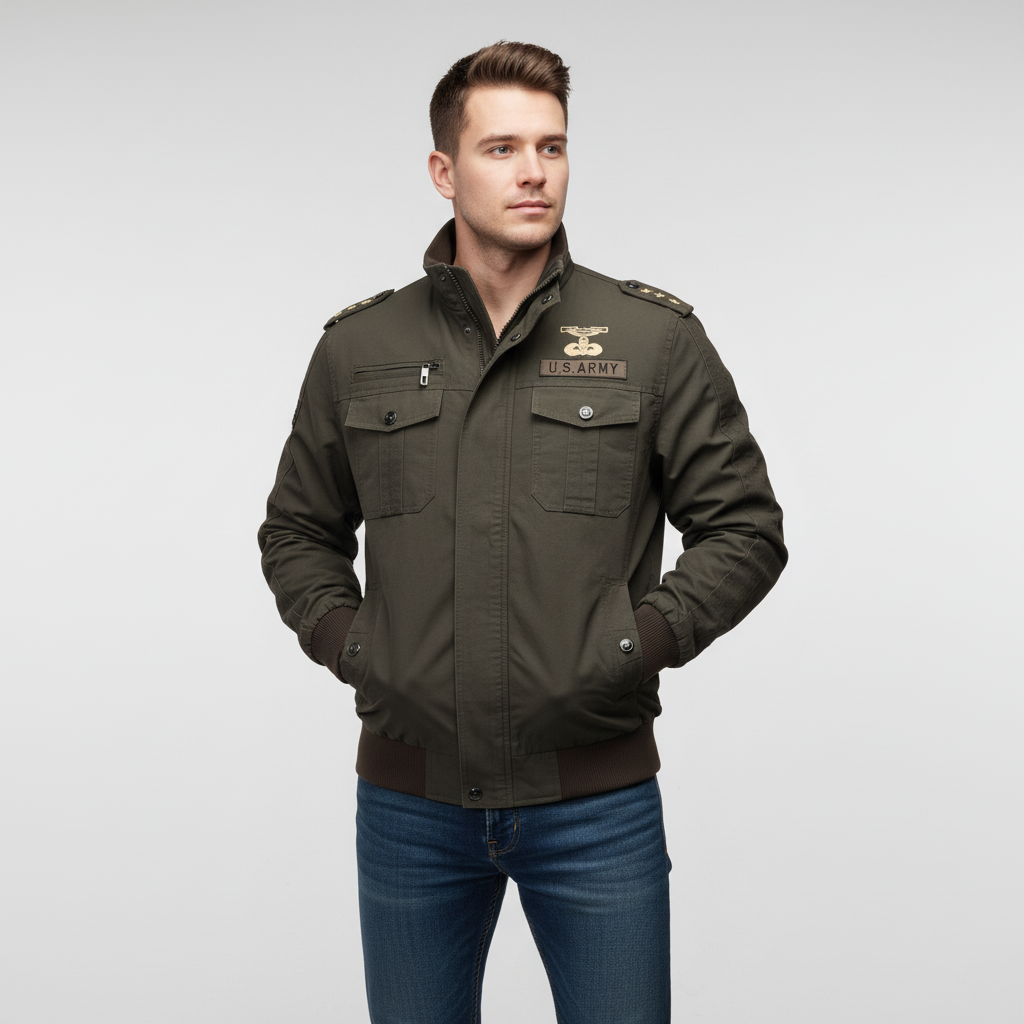 Close-up of men's military jacket material, cotton blend, showing texture and stitching