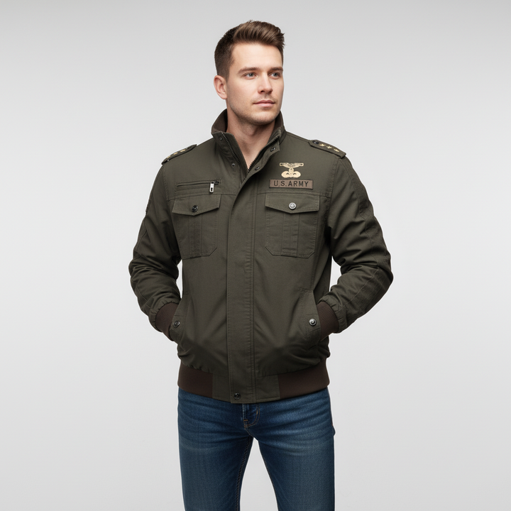 Close-up of men's military jacket material, cotton blend, showing texture and stitching