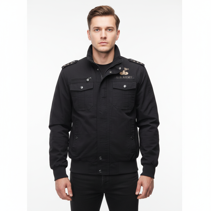 Model wearing men's military style bomber jacket, tactical and rugged, side profile