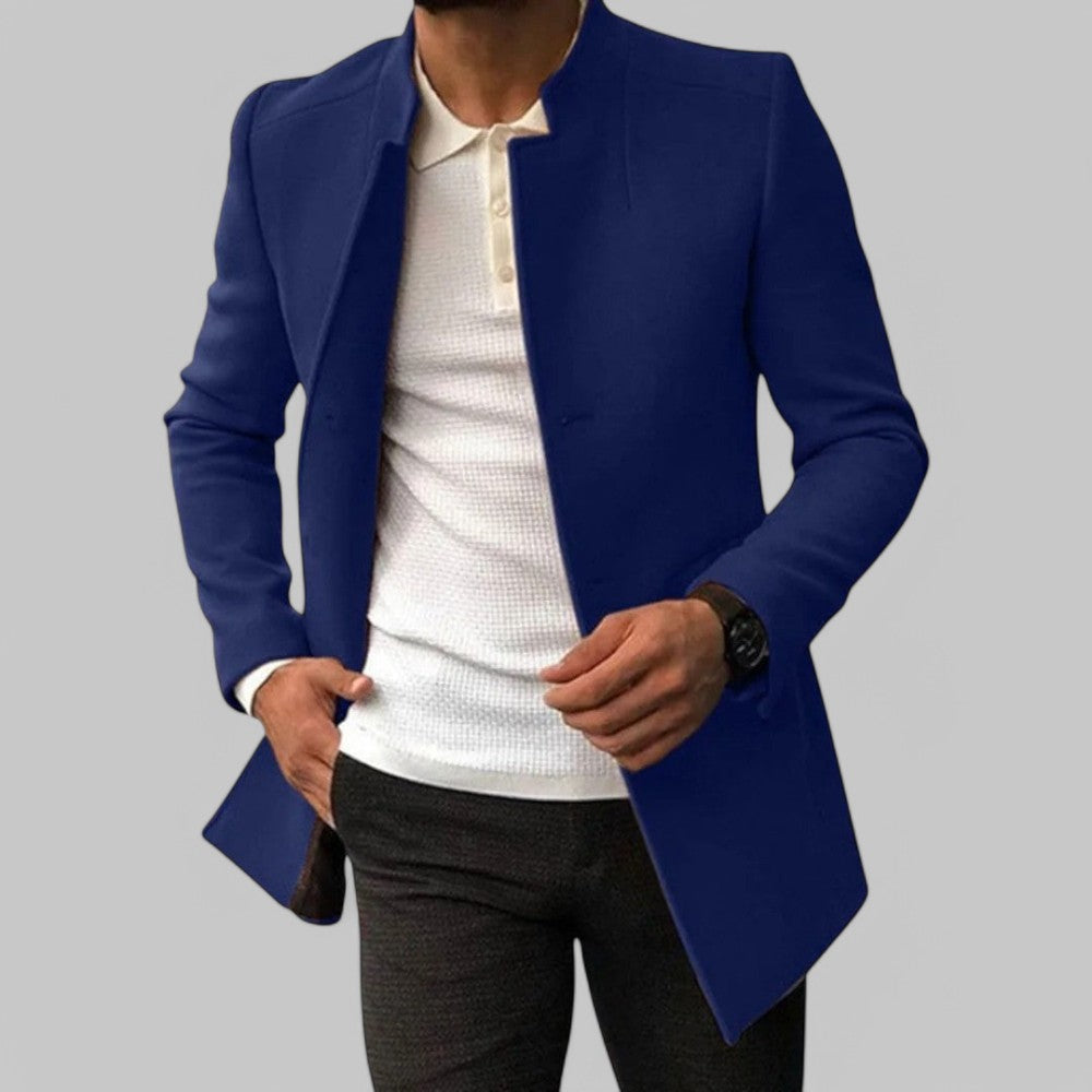 Autumn fashion men's minimalist button winter coat, a smart casual tailored outerwear piece.