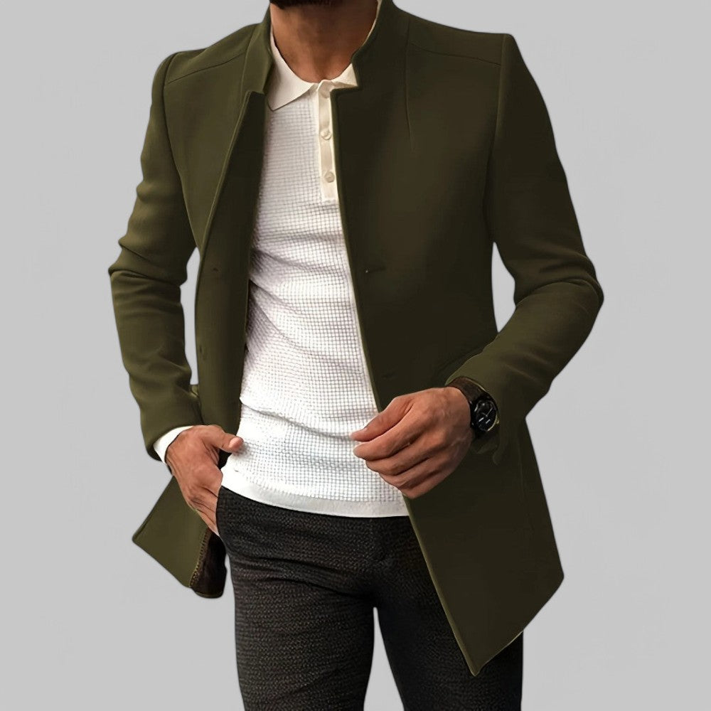 Men's tailored minimalist button trench coat, a smart casual winter blazer alternative.