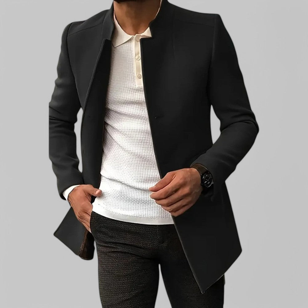 Warm men's minimalist button winter coat, perfect for elegant smart casual and cold weather.