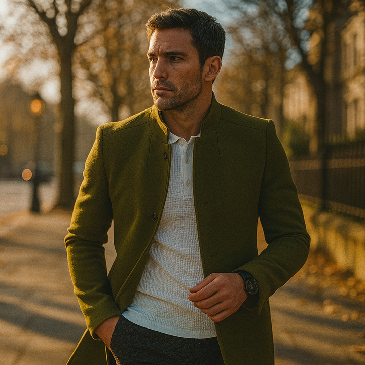 Modern menswear minimalist button winter coat, designed for a sleek smart casual aesthetic.
