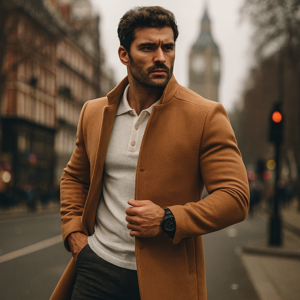 Tailored men's minimalist button coat, ideal for smart casual or business casual autumn fashion.