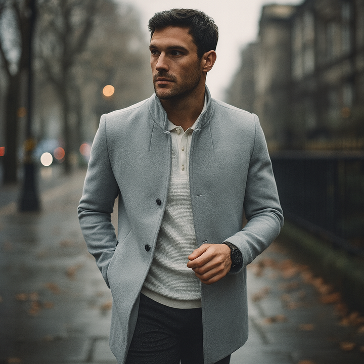 Close-up of buttons on a men's minimalist winter coat, showcasing smart casual elegance.
