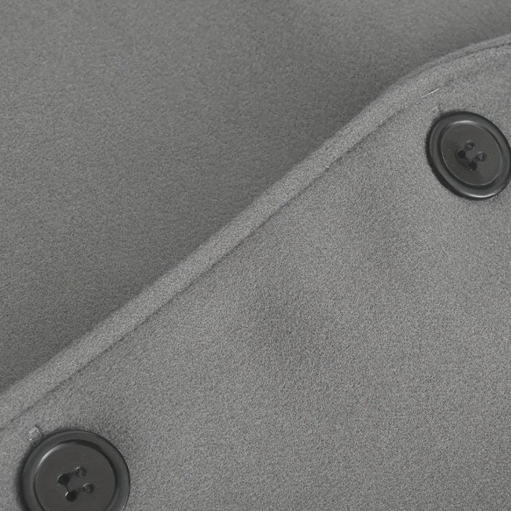 Side view of an elegant men's minimalist button winter coat, a modern smart casual trench.