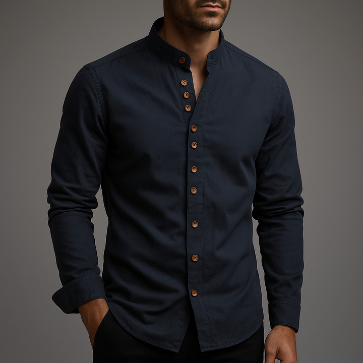 Men's minimalist light gray band collar shirt, short sleeve, button-up. Modern casual comfort for summer.