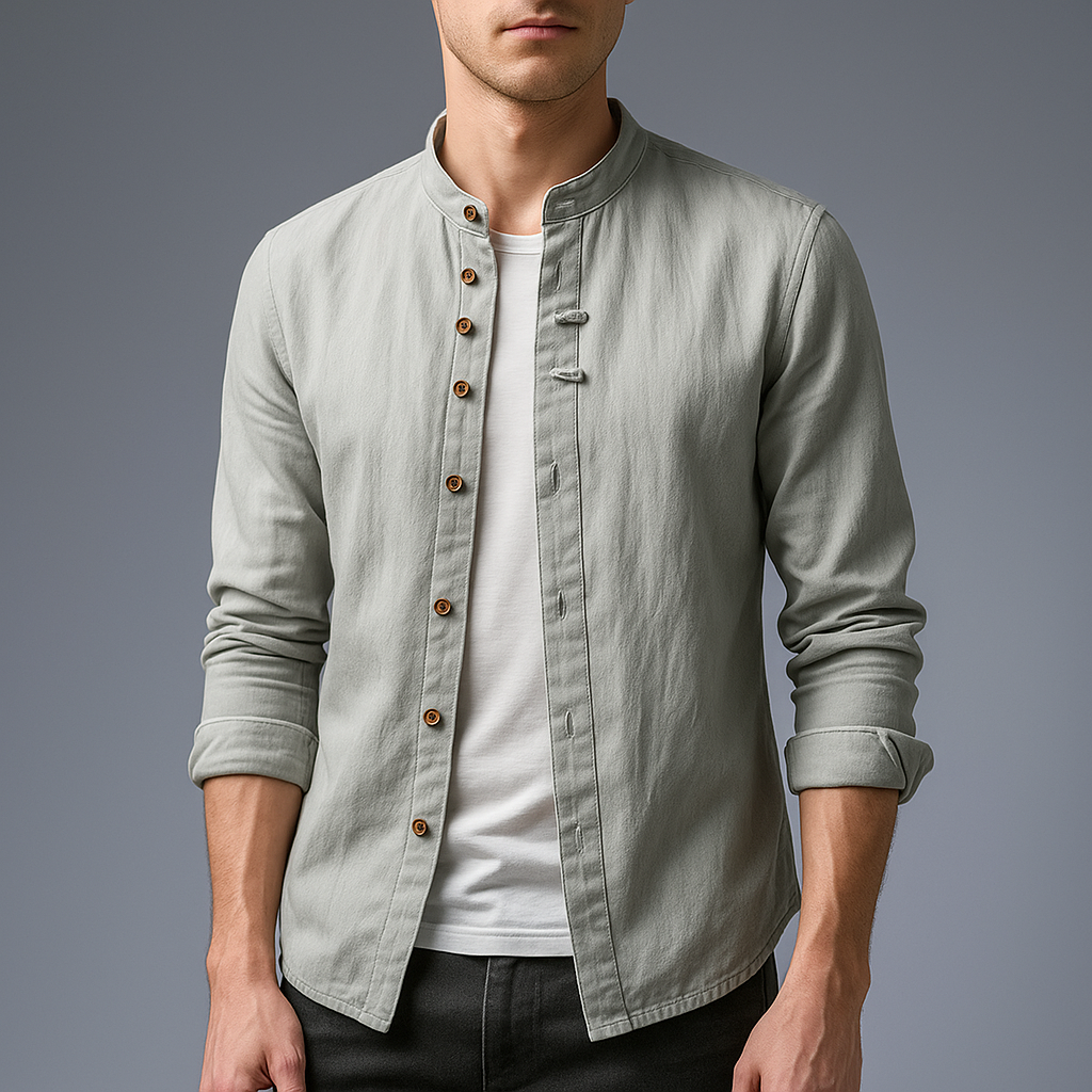 Modern navy blue men's band collar shirt. Versatile short sleeve button-up for spring & summer style.