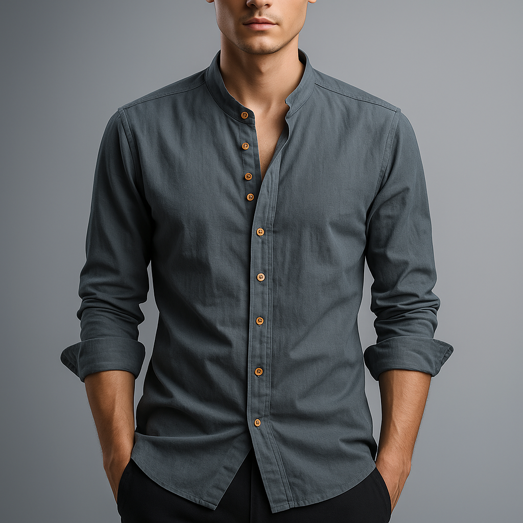 Men's dark gray minimalist band collar shirt. Short sleeve casual button-up, perfect for modern comfort.