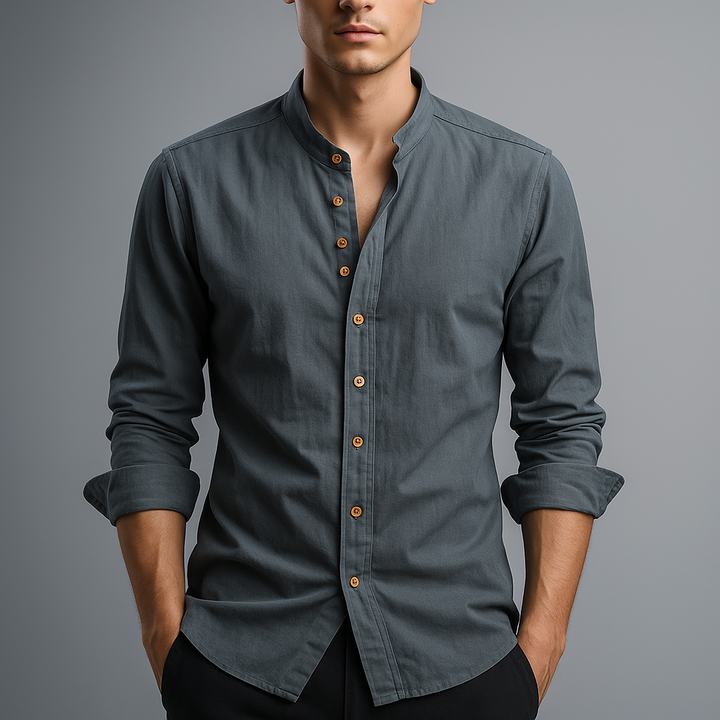 Men's dark gray minimalist band collar shirt. Short sleeve casual button-up, perfect for modern comfort.