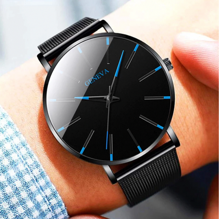 Stylish men's minimalist watch, perfect for casual or dress occasions, featuring elegant blue dial accents.