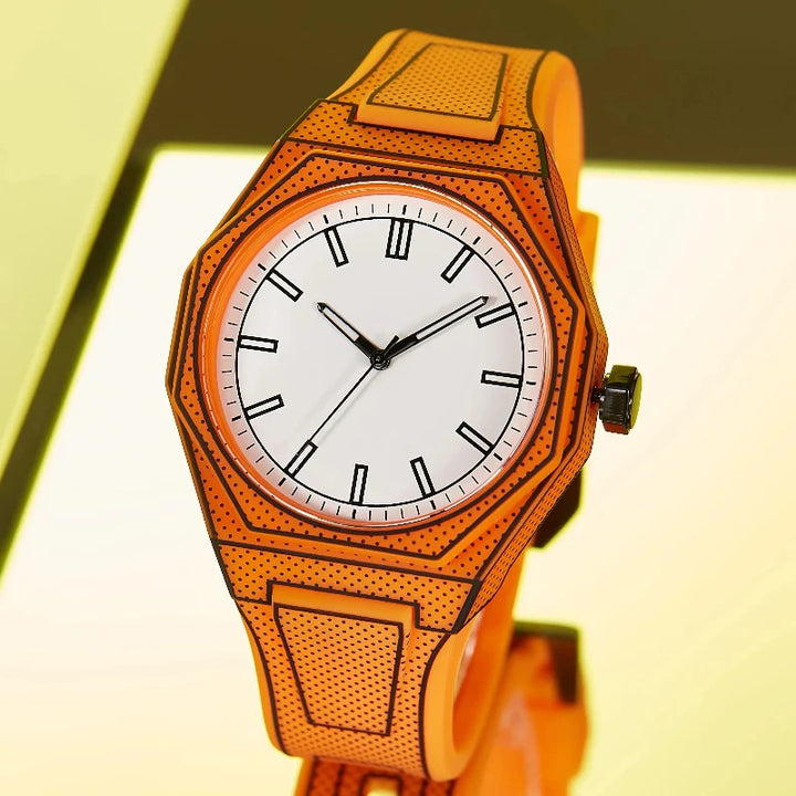 Men's modern 3D outline optical illusion watch with a comfortable black silicone strap and quartz movement.