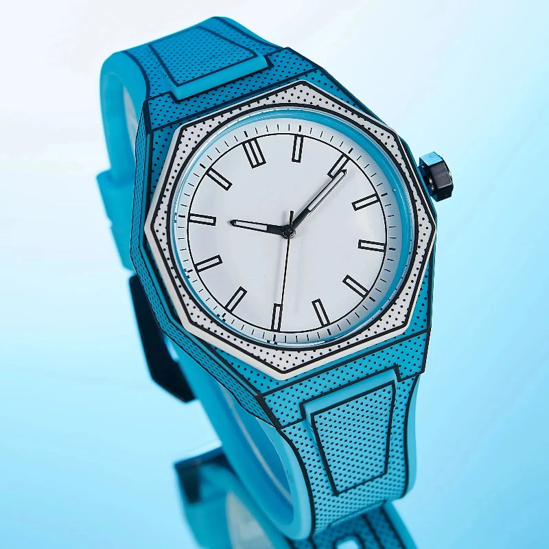 Bold men's quartz watch featuring a unique 3D optical illusion dial and durable water-resistant silicone strap.