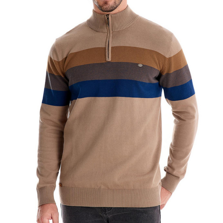 Khaki men's argyle sweater, modern geometric pattern, long sleeve, comfortable knit for casual & smart wear.
