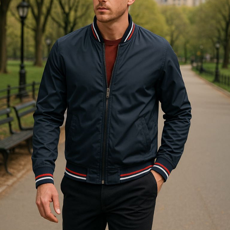 Men's modern black bomber jacket with zipper, perfect for versatile everyday casual wear & stylish outerwear.