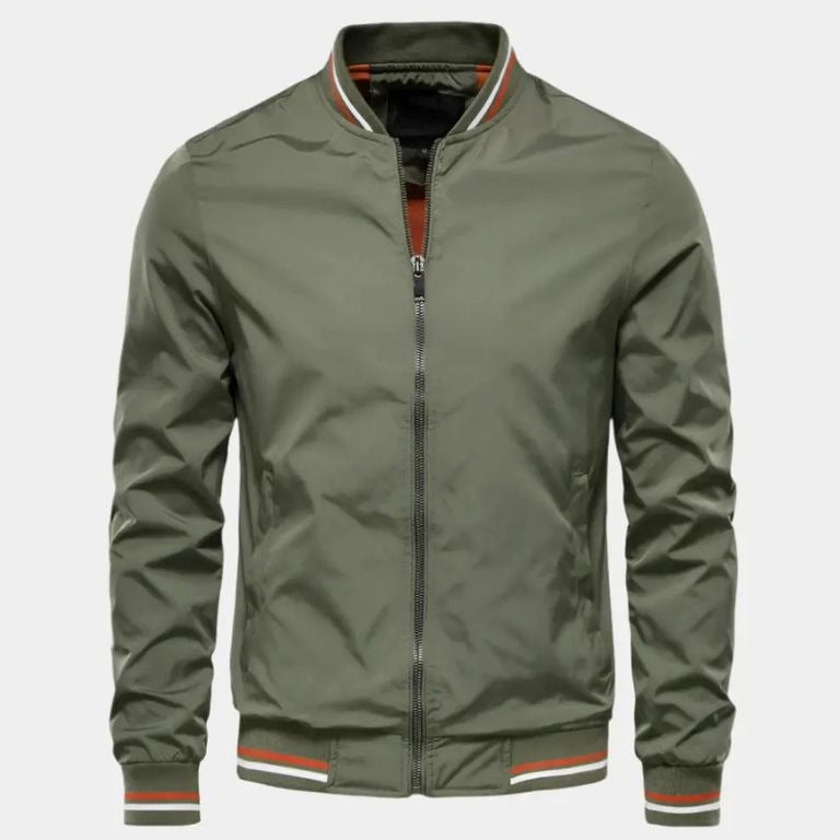 Close-up of casual men's bomber jacket fabric & zipper. Durable, lightweight material for everyday fashion outerwear.