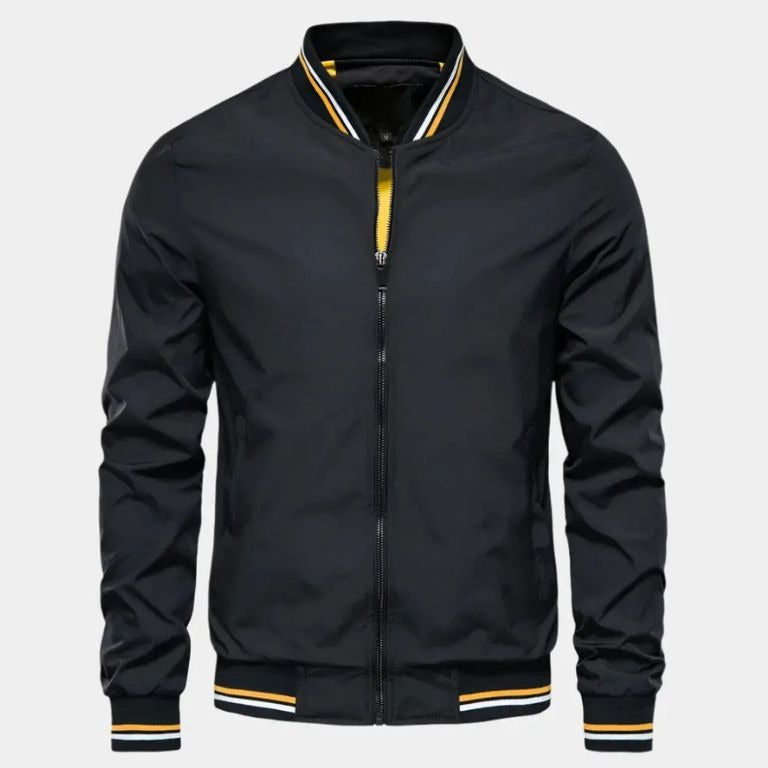 Back view of a sleek men's bomber jacket, versatile design for modern everyday fashion & stylish fall outerwear.