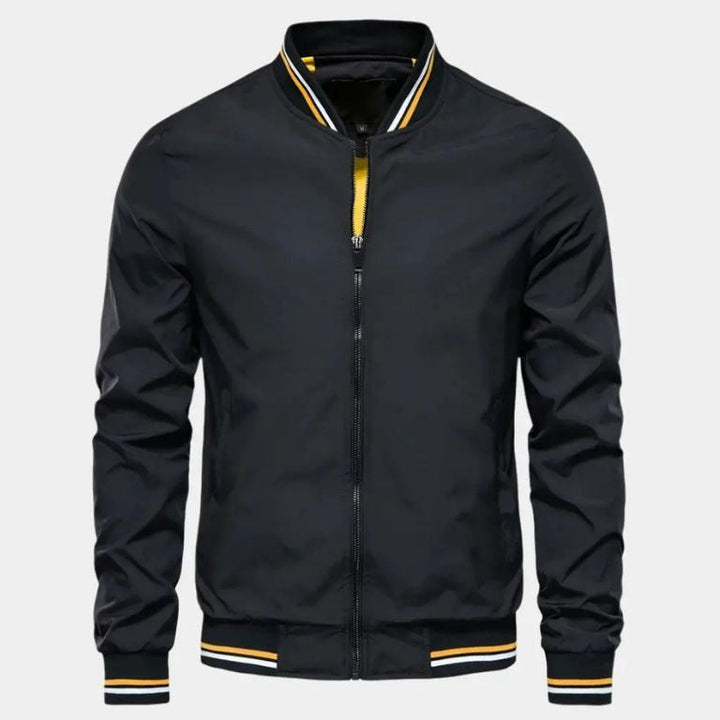 Back view of a sleek men's bomber jacket, versatile design for modern everyday fashion & stylish fall outerwear.
