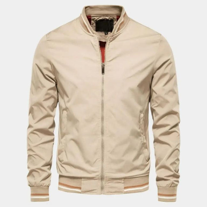 Front view of an unzipped men's modern bomber jacket, showcasing a casual everyday look, perfect spring jacket.