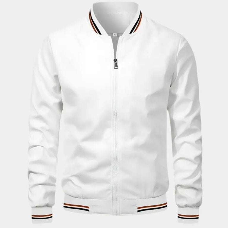 Side profile of a stylish men's lightweight bomber jacket. Great fall jacket, versatile for modern men's fashion.