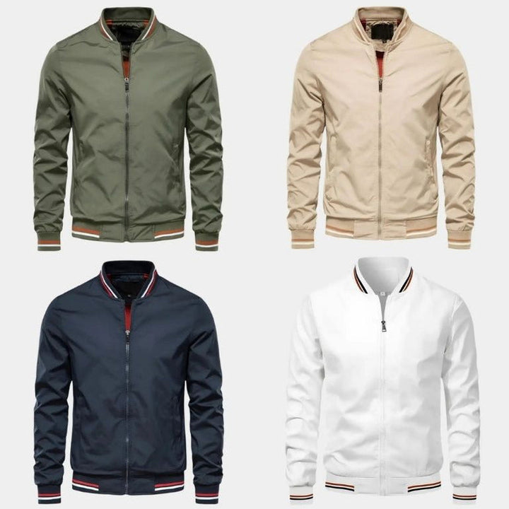 Black men's bomber jacket, a modern everyday outerwear piece with zipper. Great for casual spring & fall fashion.