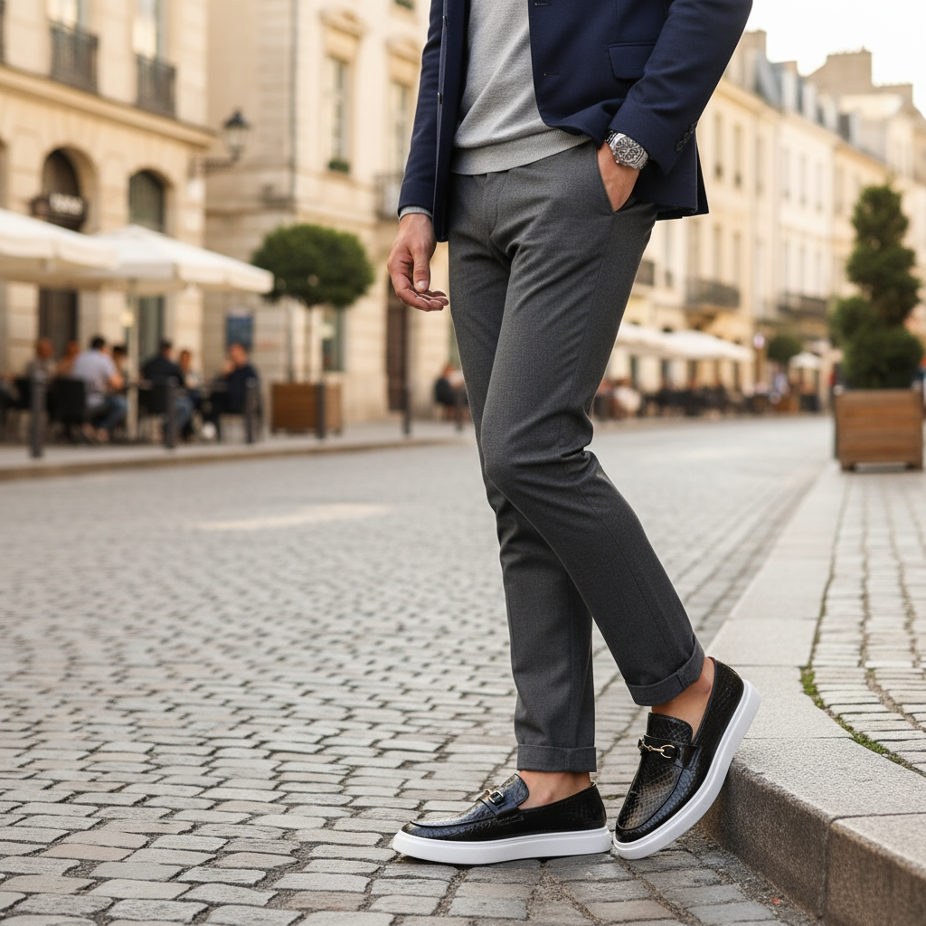 Top-down view of a pair of modern men's slip-on loafers, ready for sophisticated everyday wear.