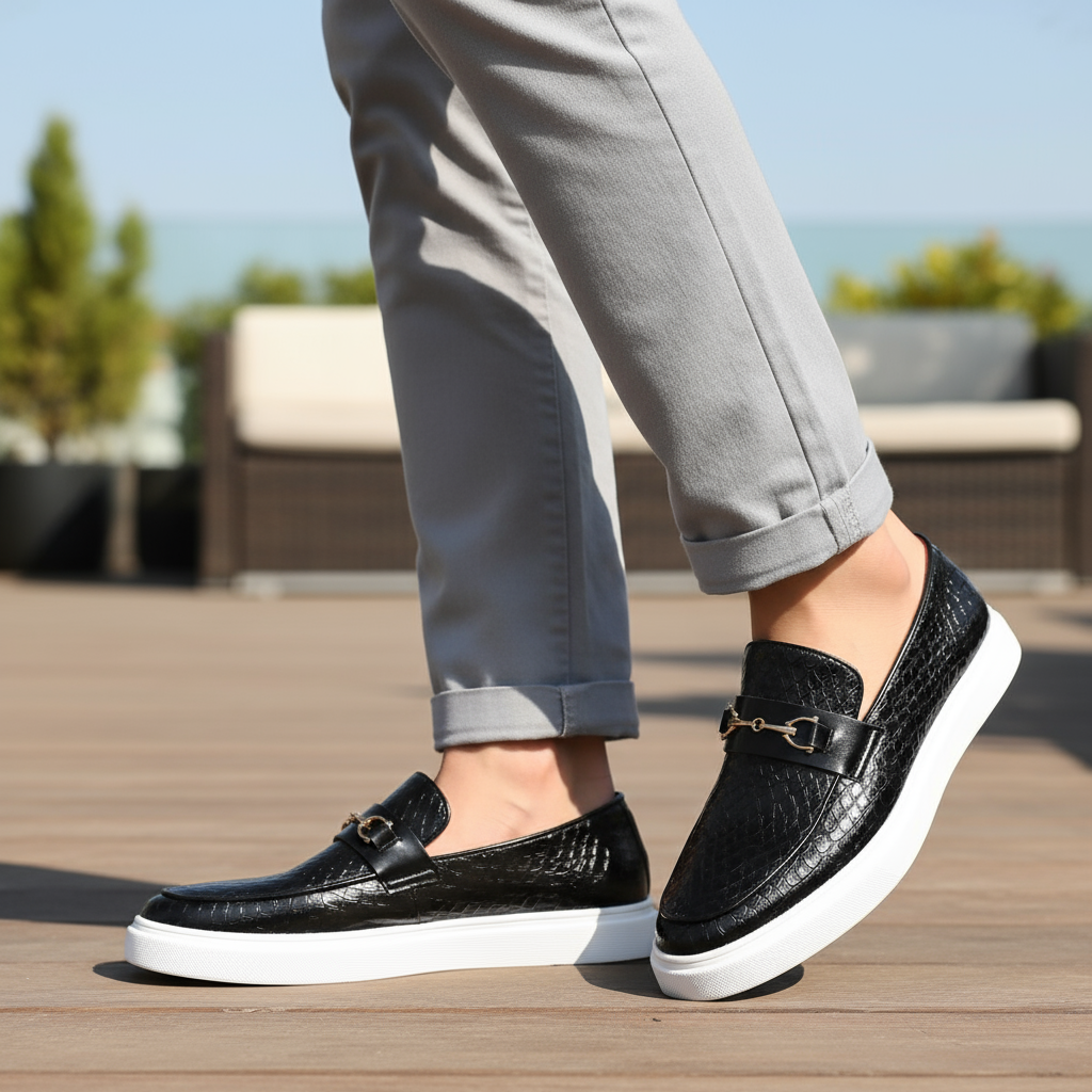 Assortment of men's modern slip-on loafers in black, brown & navy, showcasing versatile style.