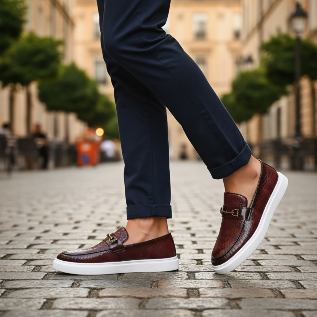 Men's modern slip-on loafers in motion, designed for comfortable walking and stylish standing.