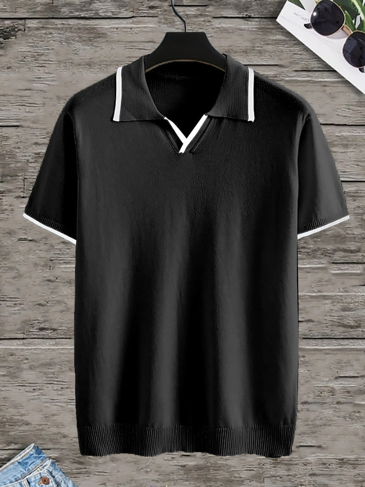 Stylish Rafael men's black polo, V-neck, short sleeve, featuring modern contrast stripes. Versatile casual shirt.