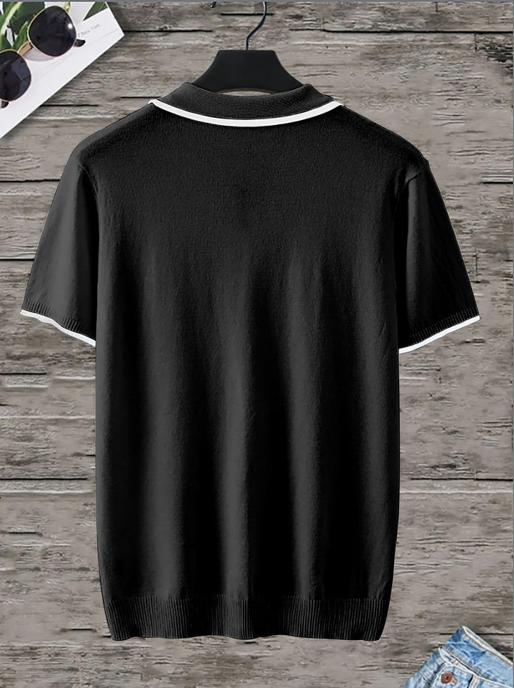Comfortable men's V-neck polo in black with trendy contrast stripes. A breathable, modern short-sleeve casual shirt.