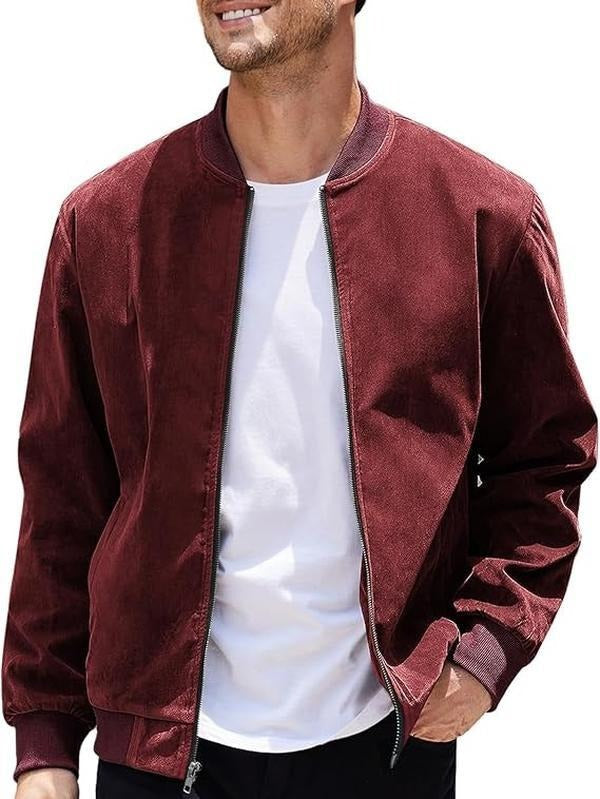 Men's modern bomber jacket. Tailored fit & zip closure. Stylish casual outerwear for men's fashion.