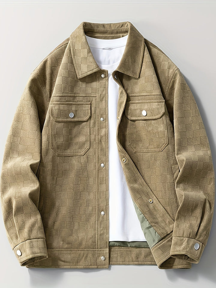 Stylish men's modern checkered jacket with a structured fit, ideal for casual and fashion layering.