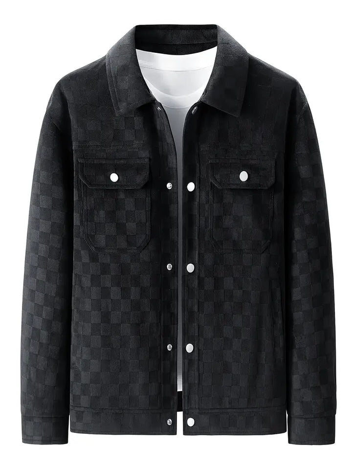 Stylish men's fashion jacket featuring a contemporary checkered pattern and snap cuffs.