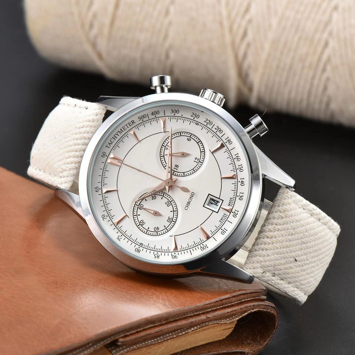 Stylish men's chronograph watch featuring a durable canvas strap and precision modern design. Perfect casual accessory.