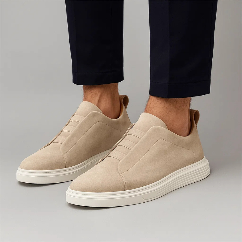 Detailed view of men's modern classic lace-up sneakers, showcasing craftsmanship and sleek everyday design.