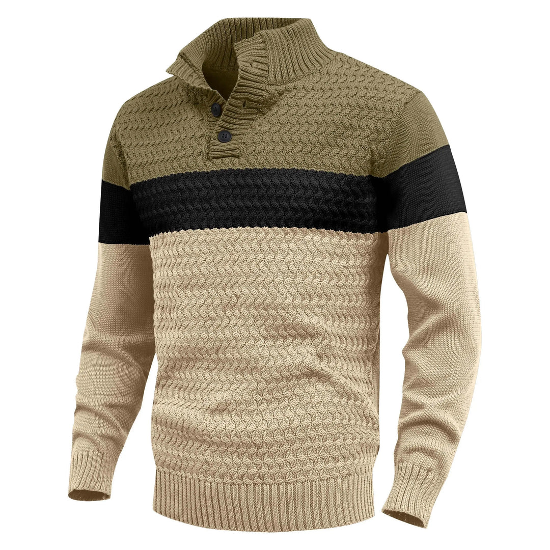Men's modern color block knit pullover sweater with textured design, ideal for versatile, comfortable casual wear.