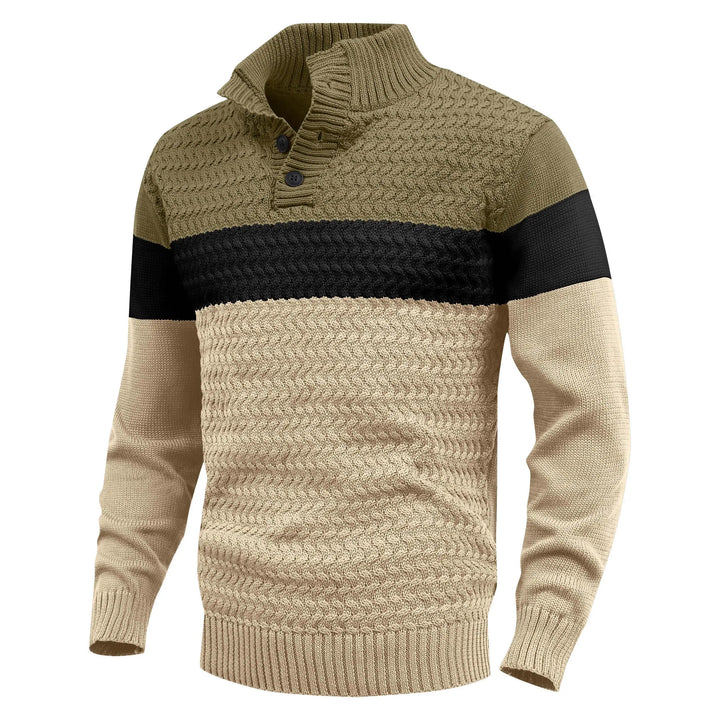 Men's modern color block knit pullover sweater with textured design, ideal for versatile, comfortable casual wear.