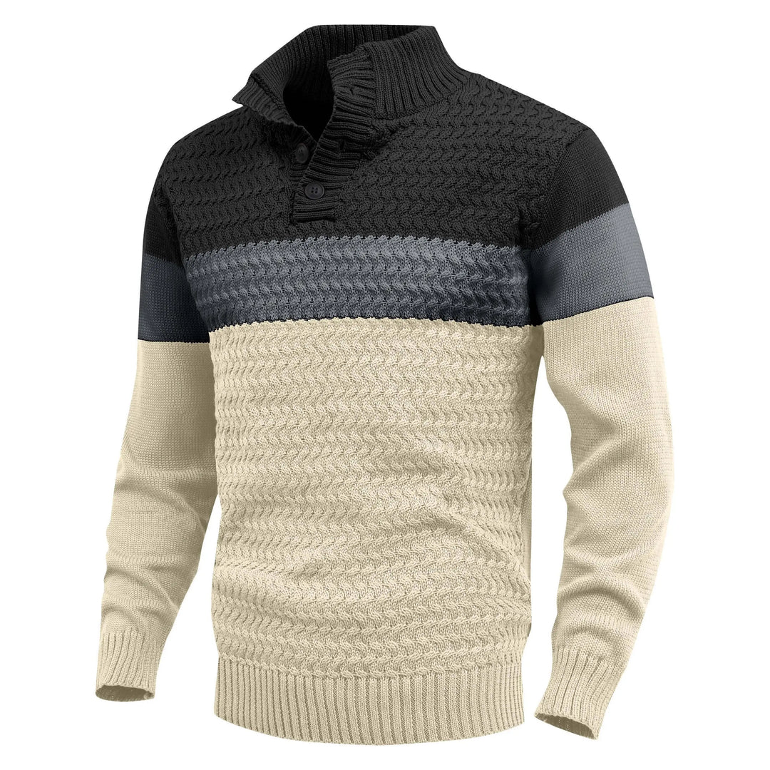 Close-up of men's textured knit pullover sweater, highlighting soft fabric, long sleeves & modern color block.