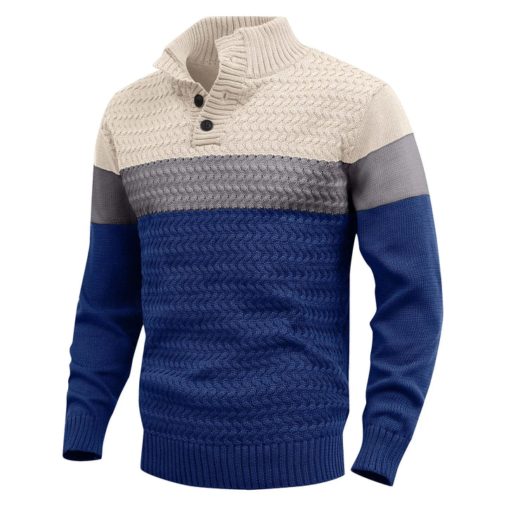 Stylish men's color block knit pullover sweater, shown on model, perfect for layering & everyday style.