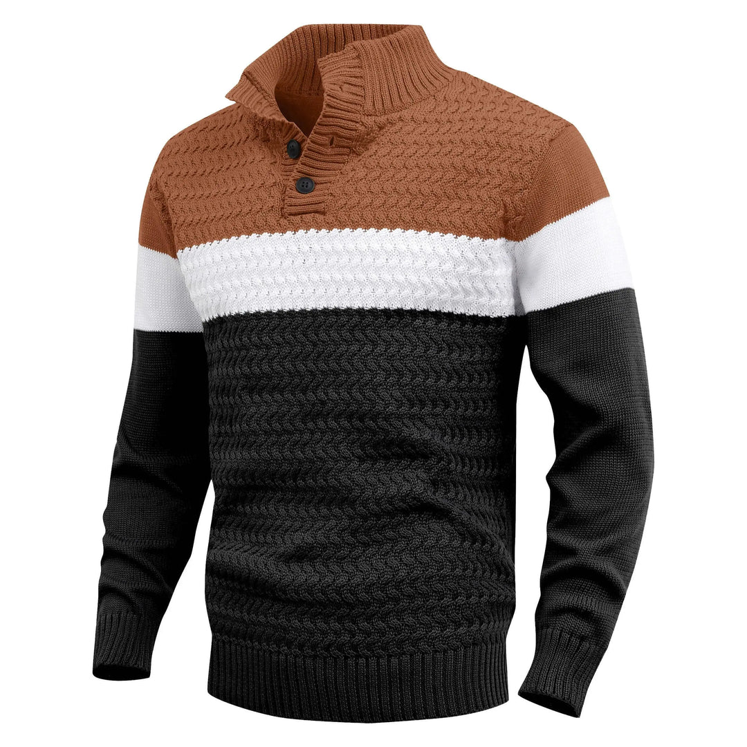 Versatile men's color block knit pullover sweater with a modern design, offering comfort & casual elegance.