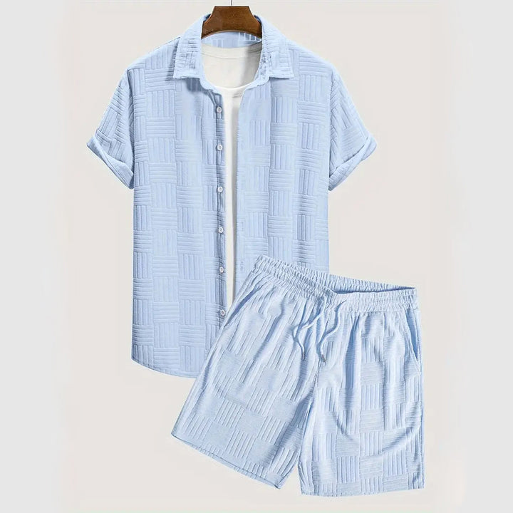 Men's modern comfort ensemble, a stylish two-piece set for everyday sophistication and casual wear. Menswear.
