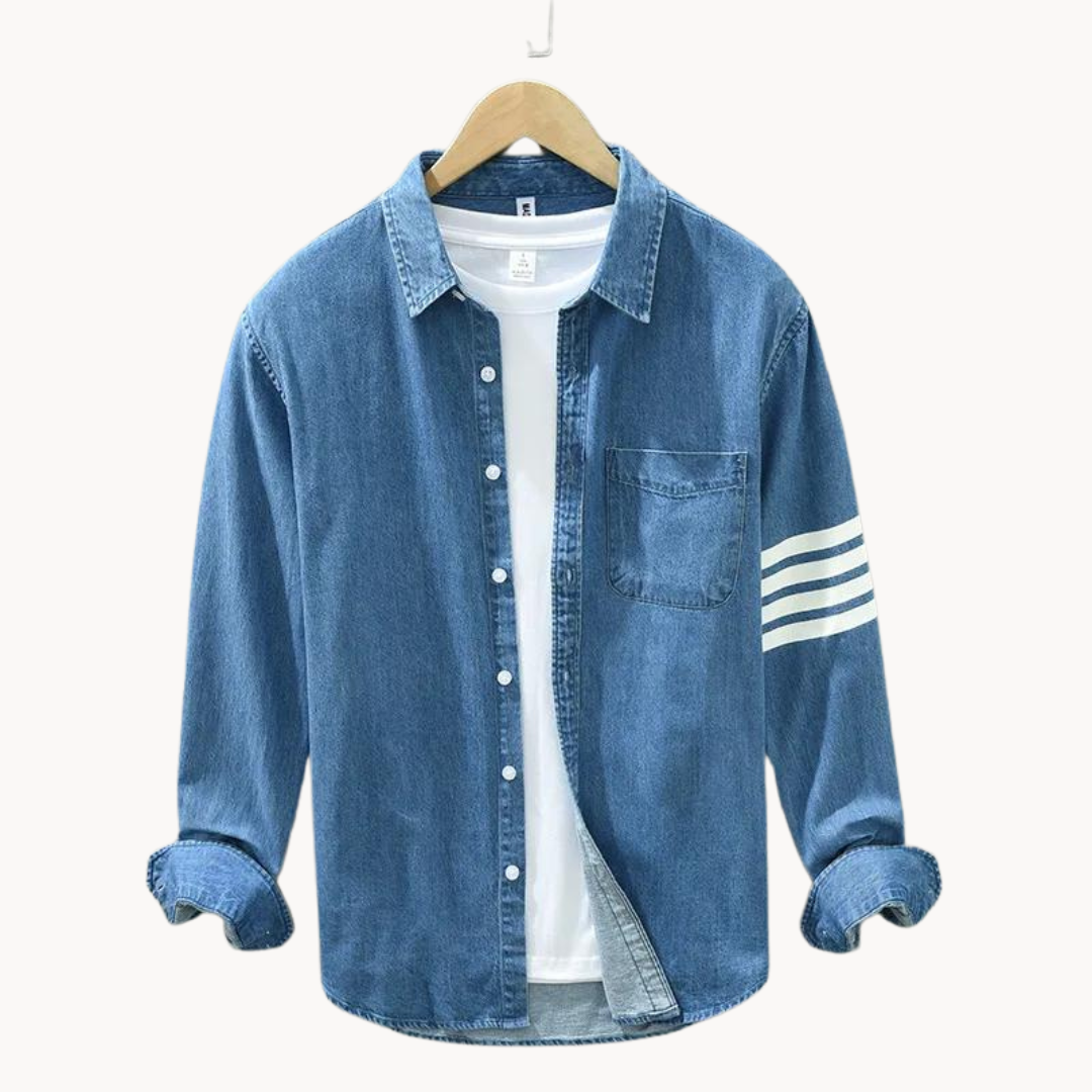Men's modern fit blue denim shirt, long sleeve button-up for versatile smart casual & everyday wear.