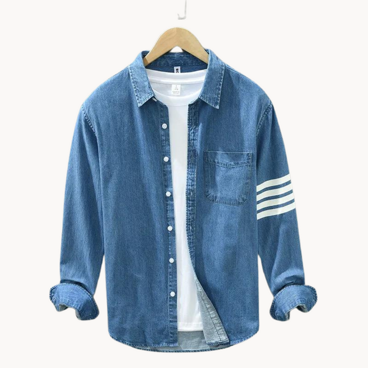 Men's modern fit blue denim shirt, long sleeve button-up for versatile smart casual & everyday wear.