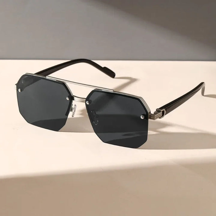 Men's modern geometric sunglasses in onyx black with UV protection. Stylish and lightweight fashion eyewear for eye protection.