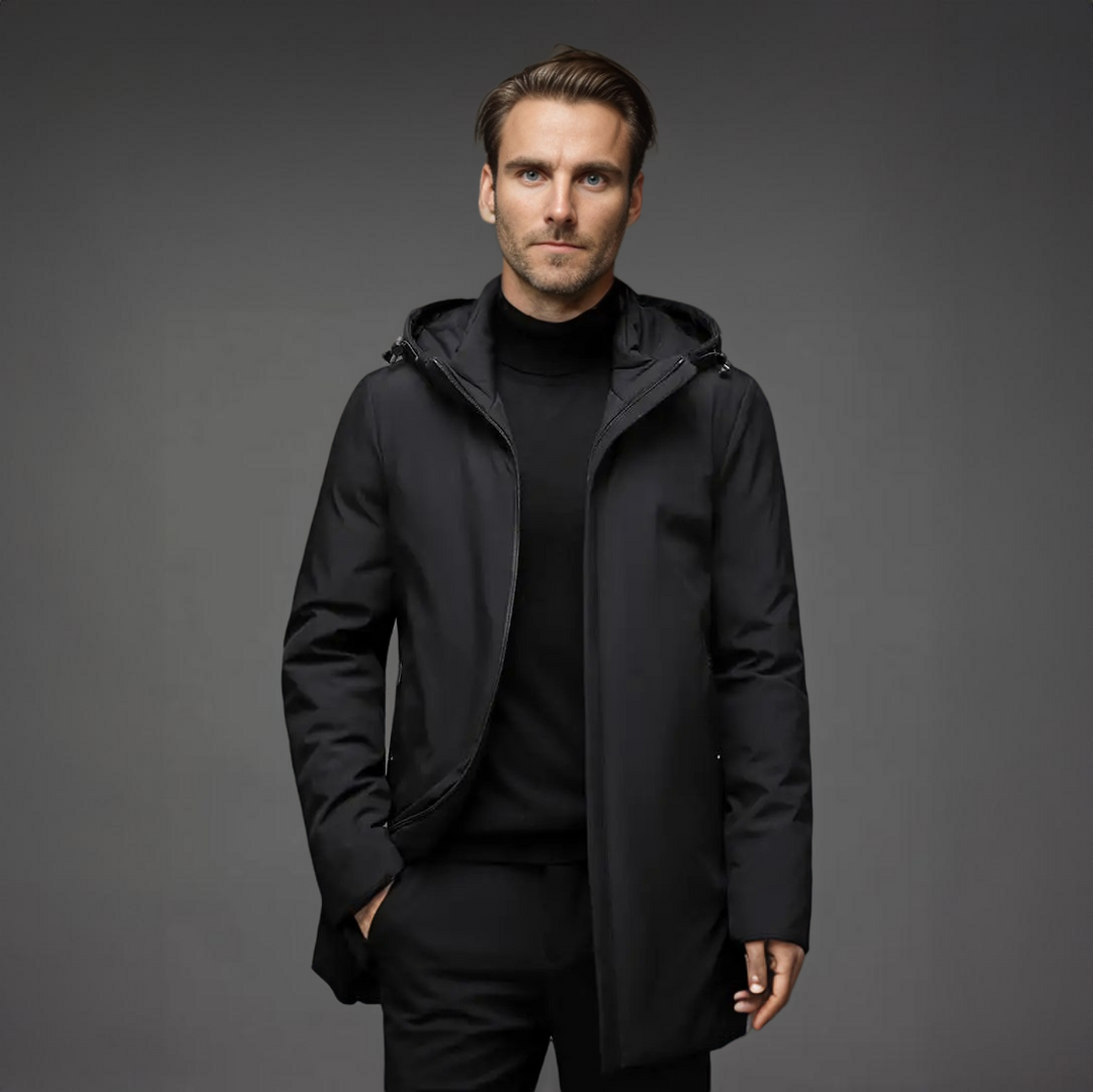 Men's modern hooded winter jacket, tailored for warmth & style. Ideal cold weather outerwear.