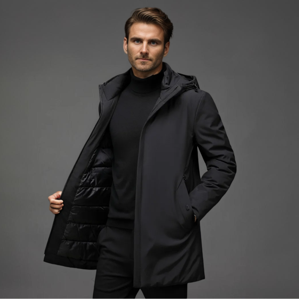Stylish men's hooded casual jacket, perfect for modern winter fashion & cold weather warmth.