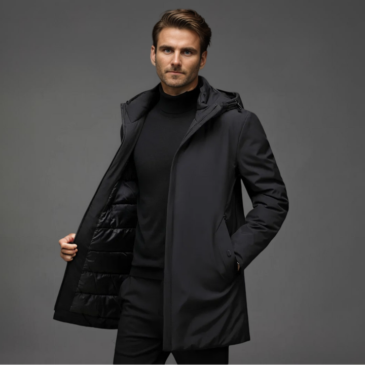 Stylish men's hooded casual jacket, perfect for modern winter fashion & cold weather warmth.