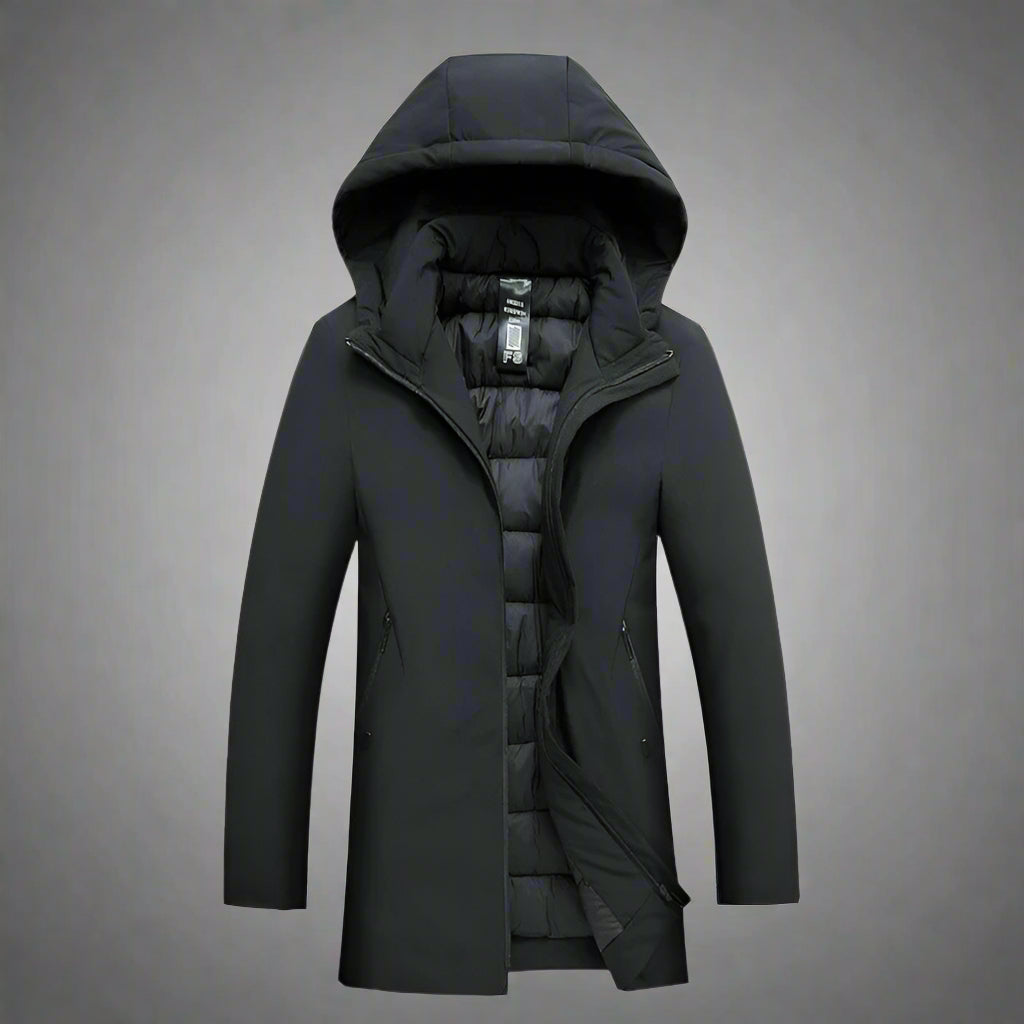 Tailored men's modern winter coat with hood, offering warmth & contemporary style for cold days.