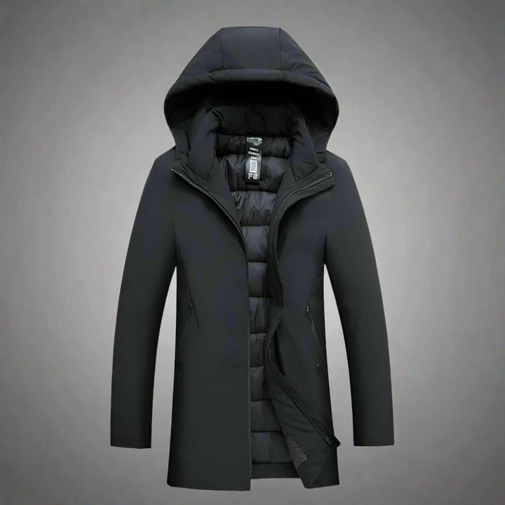Tailored men's modern winter coat with hood, offering warmth & contemporary style for cold days.