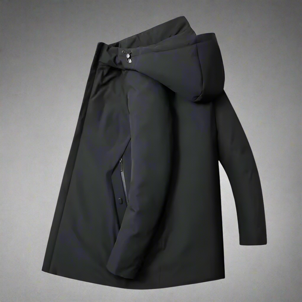 Warm men's hooded winter jacket, ideal for cold weather outerwear & stylish men's fashion.